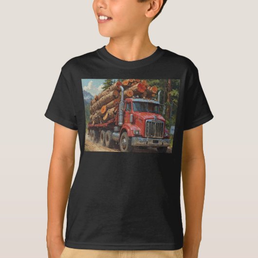 Rode houtkap Truck in de bergen T-shirt (Voorkant)