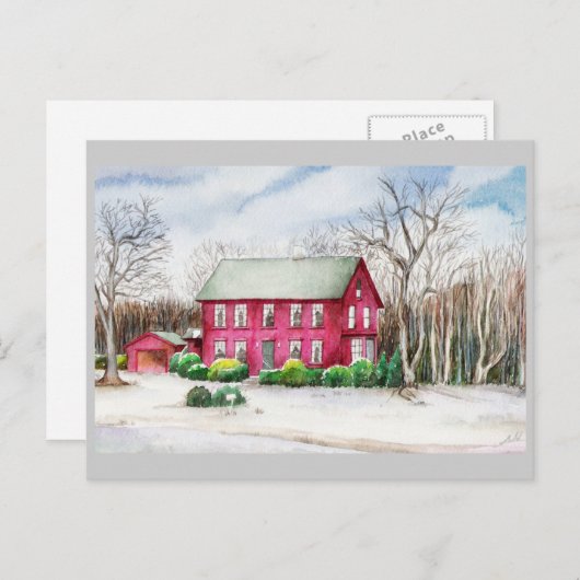 Rode huis in de winter briefkaart (Voorkant / Achterkant)