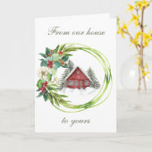 Rode Huis met een Magnolia en Berry Wreath Holiday Kaart (Gele Bloem)