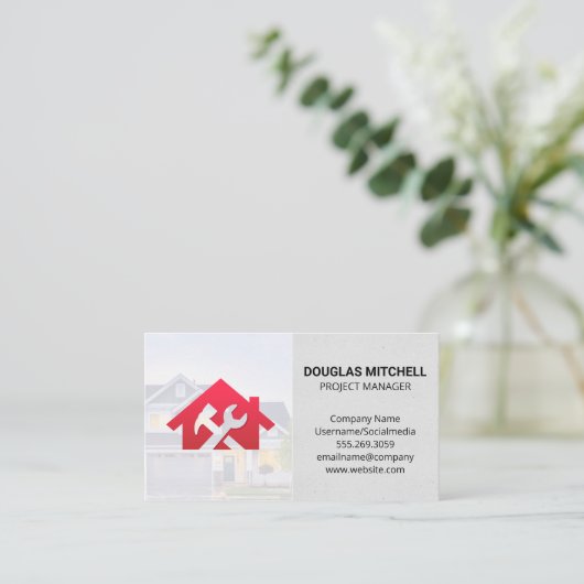 Rode Huis Sleutel Moersleutel Hamer Icoon | Huisre Visitekaartje (Staand voorkant)