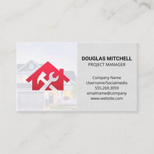 Rode Huis Sleutel Moersleutel Hamer Icoon | Huisre Visitekaartje (Voorkant)