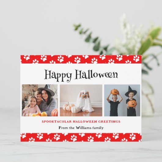 Rode huisdier Paws foto Happy Halloween Feestdagenkaart (Staand voorkant)