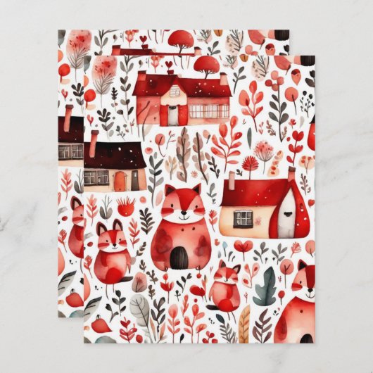 Rode huizen en huizen schattig papier blad (Voorkant / Achterkant)