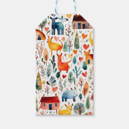 Rode huizen en huizen schattig papier blad cadeaulabel