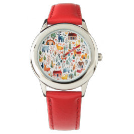 Rode huizen en huizen schattig papier blad horloge