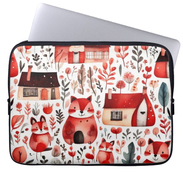Rode huizen en huizen schattig papier blad laptop sleeve (Voorkant)