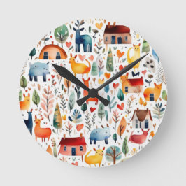 Rode huizen en huizen schattig papier blad ronde klok