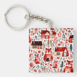 Rode huizen en huizen schattig papier blad sleutelhanger