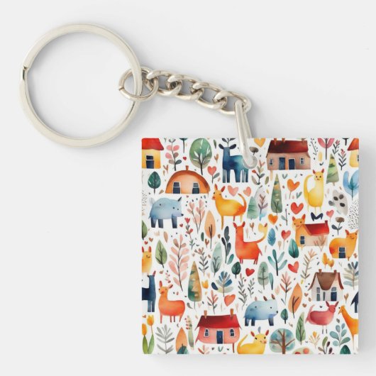 Rode huizen en huizen schattig papier blad sleutelhanger (voorkant)