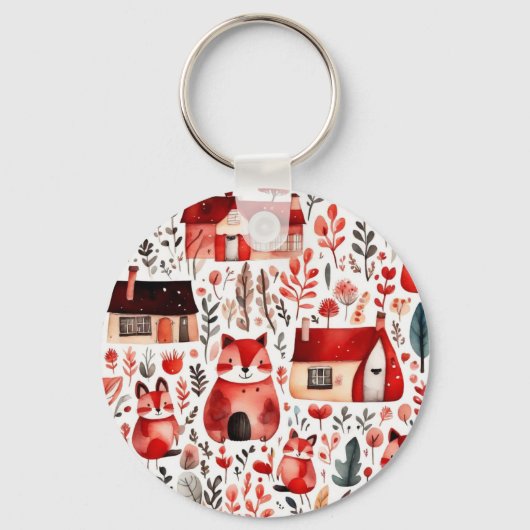 Rode huizen en huizen schattig papier blad sleutelhanger (Voorkant)