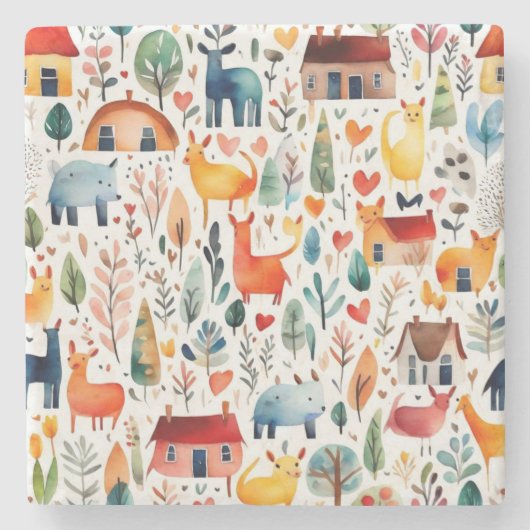 Rode huizen en huizen schattig papier blad stenen onderzetter (Voorkant)