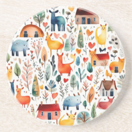 Rode huizen en huizen schattig papier blad zandsteen onderzetter