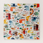 Rode huizen en huizen schattig papiervel legpuzzel (Horizontaal)