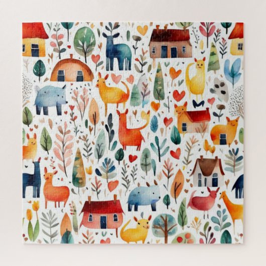 Rode huizen en huizen schattig papiervel legpuzzel (Verticaal)