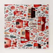 Rode huizen en huizen schattig papiervel legpuzzel (Horizontaal)