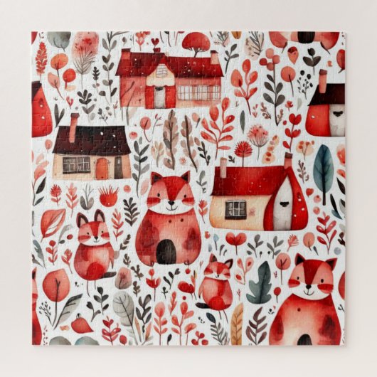 Rode huizen en huizen schattig papiervel legpuzzel (Verticaal)