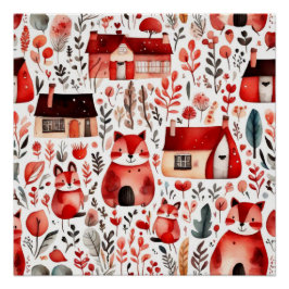 Rode huizen en huizen schattig papiervel perfect poster