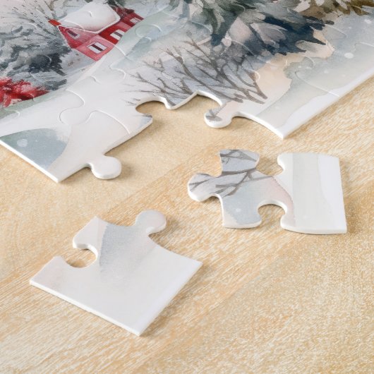 Rode huizen Groene dennenbomen Kerstlandschap Legpuzzel (Zijkant)