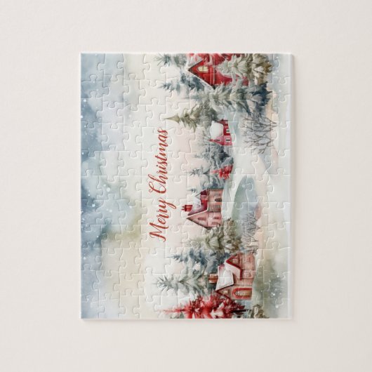 Rode huizen Groene dennenbomen Kerstlandschap Legpuzzel (Verticaal)