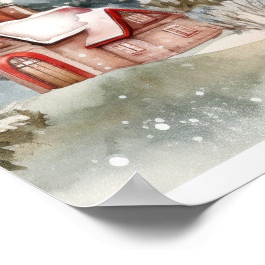 Rode huizen Groene dennenbomen Kerstlandschap Poster (Hoek)