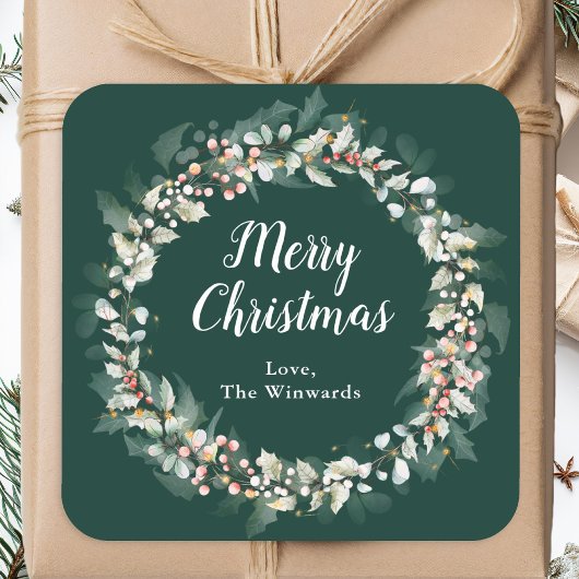 Rode Hulst Krans Prettig Kerstfeest Vierkante Sticker