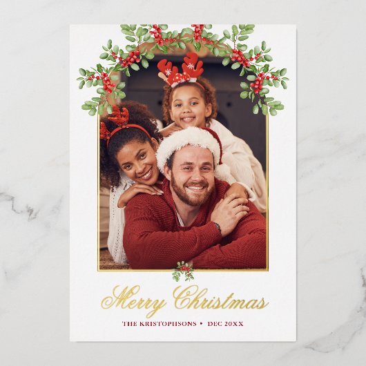 Rode hulstbes gebogen foto folie feestdagenkaart (Voorkant)