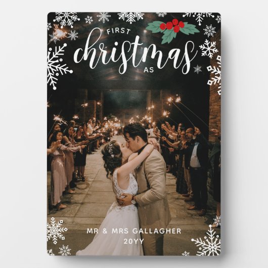 Rode hulzenbes-sneeuwvlokken 1ste kerstmis bruilof fotoplaat (voorkant)