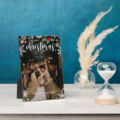 Rode hulzenbes-sneeuwvlokken 1ste kerstmis bruilof fotoplaat (Zijkant)