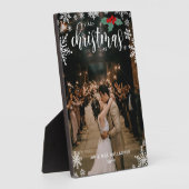 Rode hulzenbes-sneeuwvlokken 1ste kerstmis bruilof fotoplaat (Zijkant)