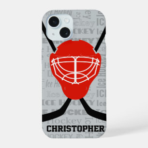 Rode ijshockeyhelm en sticks typografie iPhone 15 case