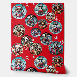 Rode illustratieve sneeuwvlok en honden Santa gift Behang