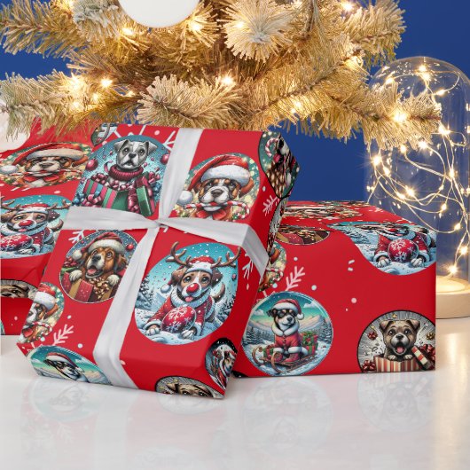 Rode illustratieve sneeuwvlok en honden Santa gift Cadeaupapier (Feestdagen)