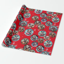 Rode illustratieve sneeuwvlok en honden Santa gift Cadeaupapier