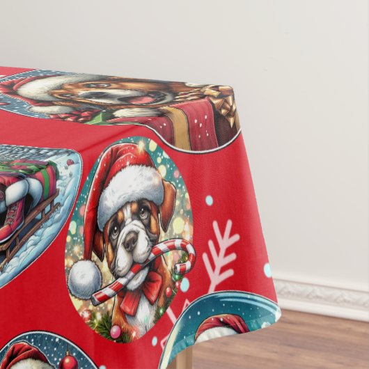 Rode illustratieve sneeuwvlok en honden Santa gift Tafelkleed (Voorbeeld)