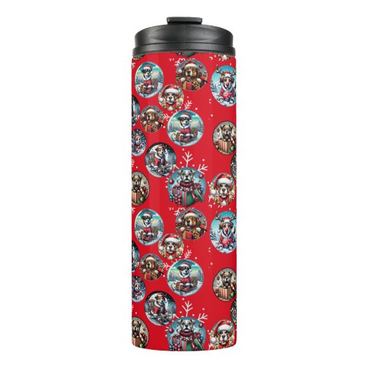 Rode illustratieve sneeuwvlok en honden Santa gift Thermosbeker (Voorkant)