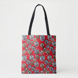 Rode illustratieve sneeuwvlok en honden Santa gift Tote Bag