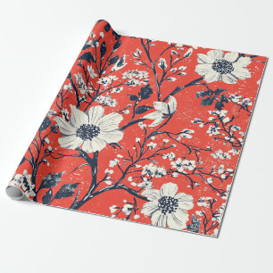 Rode Indigo Folk Winter Bloem Motief Sneeuw Cadeaupapier