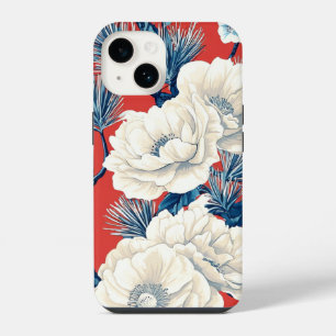 Rode Indigo Pioen Rode Pruimenbloesem Patroon iPhone 14 Hoesje