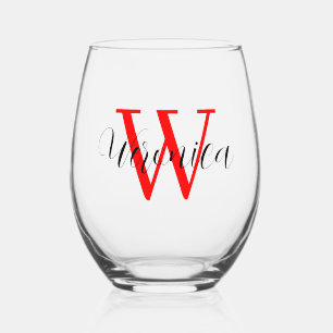 Rode initiaal en zwarte naam   Elegant Wijnglas Zonder Voet