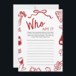 Rode Italiaan Hand getrokken Wie ben ik Vrijgezell Kaart<br><div class="desc">🍕 Dat is Amore – Wie ben ik? Spel – Italiaanse Coquette Fun met een Cheesy Twist! 📝 Maak je klaar om te lachen met deze rode, handgetekende Italiaanse "Who Am I?" vrijgezellenfeest game, met grillige pizza- en wijndoodles, rode gingham-charme en op coquette geïnspireerde flair. Gasten zullen leuke herinneringen of...</div>