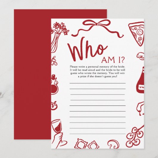 Rode Italiaan Hand getrokken Wie ben ik Vrijgezell Kaart (Voorkant / Achterkant)