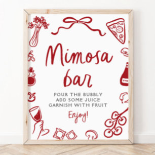 Rode Italiaans handgetekend pizza pasta mimosa bar Poster