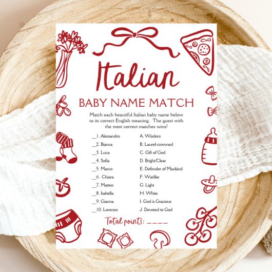 Rode Italiaanse Baby naam Match Baby shower spel Kaart