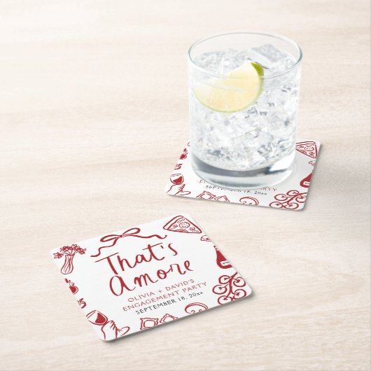 Rode Italiaanse Dat-is-liefde Pizza Verloving Fees Kartonnen Onderzetters (Insitu)