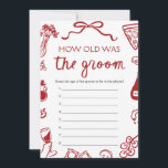 Rode Italiaanse hand getekend hoe oud het bruidego Kaart<br><div class="desc">🍕 Dat is Amore – Hoe oud was de bruidegom? Game – Een stukje nostalgisch plezier met Italiaanse flair! 📸💍 Voeg een beetje nostalgie toe aan je vrijgezellenfeest met dit grillige rood-witte handgetekende Italiaans "Hoe oud was de bruidegom?" spel! Met speelse pizzadoodles, amore-vibes en wijndrinkcharme nodigt dit spel gasten uit...</div>