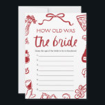 Rode Italiaanse hand getekend hoe oud het bruidspe Kaart<br><div class="desc">🍕 Dat is Amore – Hoe oud was de bruid? Game – Een stukje nostalgisch plezier met Italiaanse flair! 📸💍 Voeg een beetje nostalgie toe aan je vrijgezellenfeest met dit grillige rood-witte handgetekende Italiaans "Hoe oud was de bruid?" spel! Met speelse pizzadoodles, amore-vibes en wijndrinkcharme nodigt dit spel gasten uit...</div>