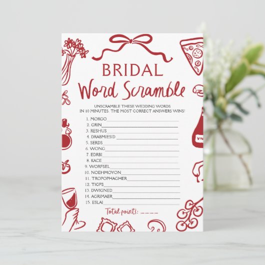 Rode Italiaanse Hand Getrokken Bruids Woord Scramb Kaart (Staand voorkant)