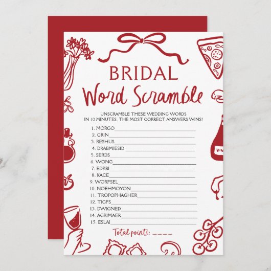 Rode Italiaanse Hand Getrokken Bruids Woord Scramb Kaart (Voorkant / Achterkant)