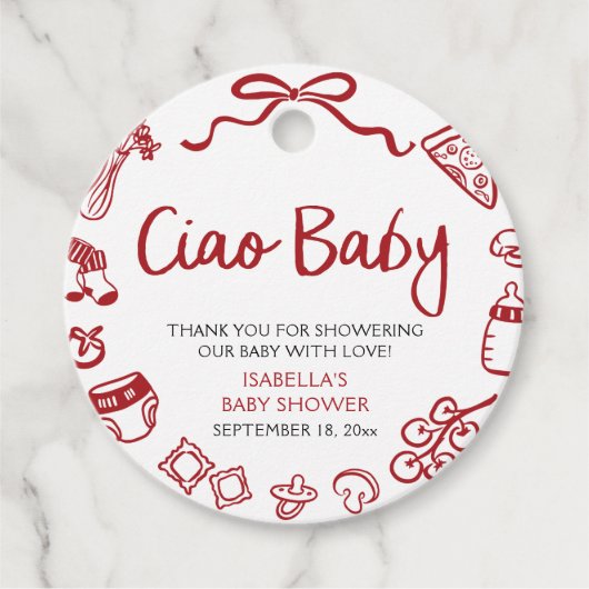 Rode Italiaanse handgetekende Pizza Ciao Baby Baby Bedankjes Labels (Voorkant)