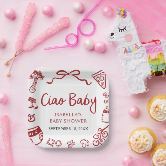 Rode Italiaanse handgetekende Pizza Ciao Baby Baby Papieren Bordje (Feest)